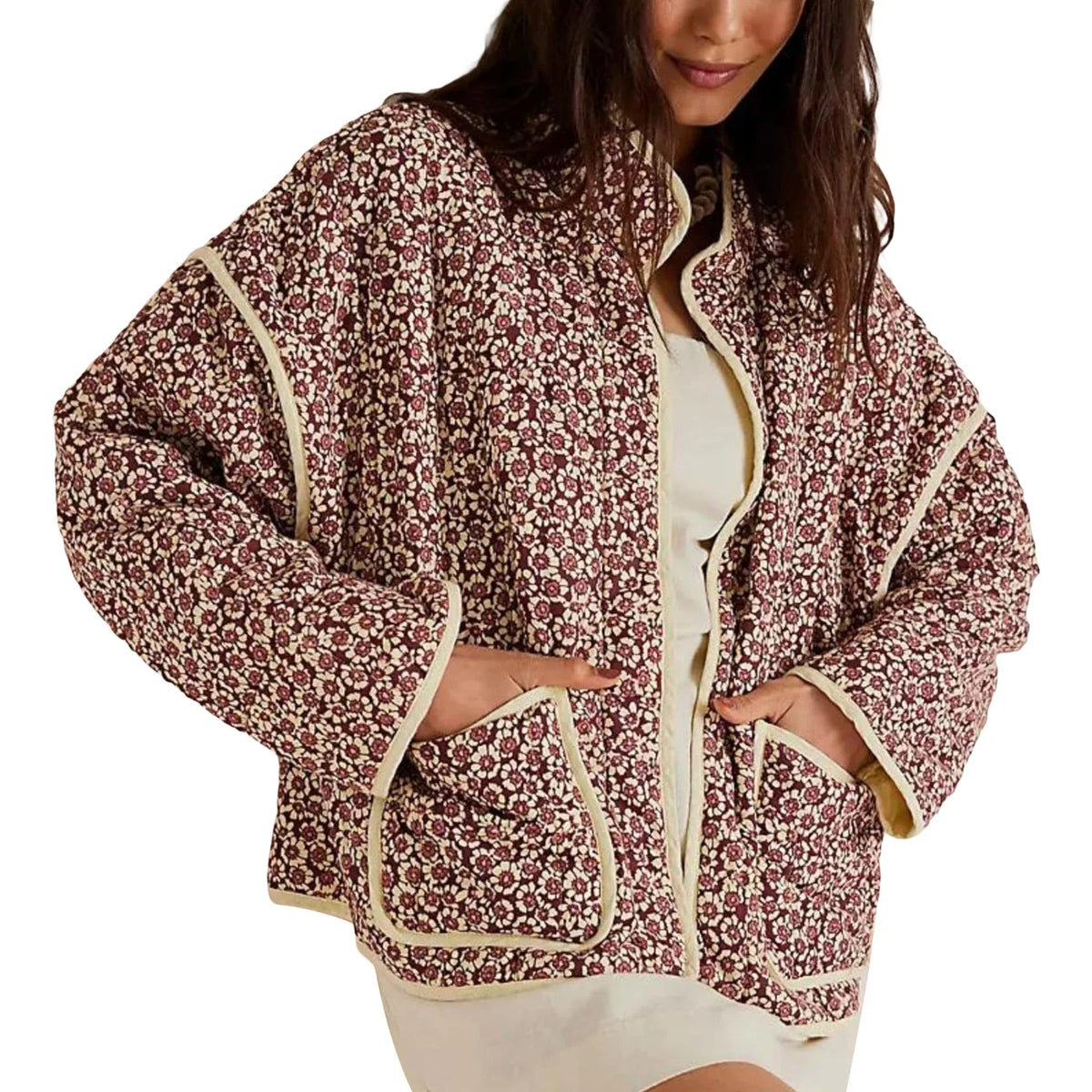 Womens Fall Winter Jackets Floral Print Stand Collar Open Front Quilted Coat Long Sleeve Padded Outerwear Vintage Casual
