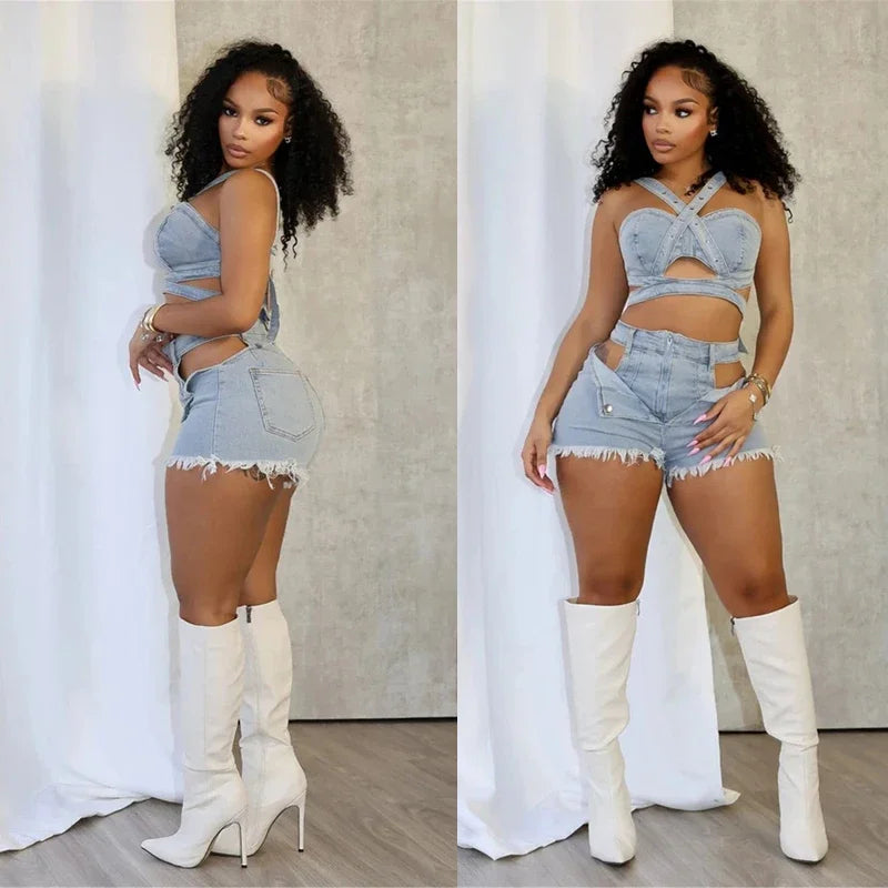 Sexy Jean Women Short Sets Straps Denim Crop Top and Cut Out Shorts Set 2025 Summer Clothes Streetwear Two 2 Piece Club Outfits