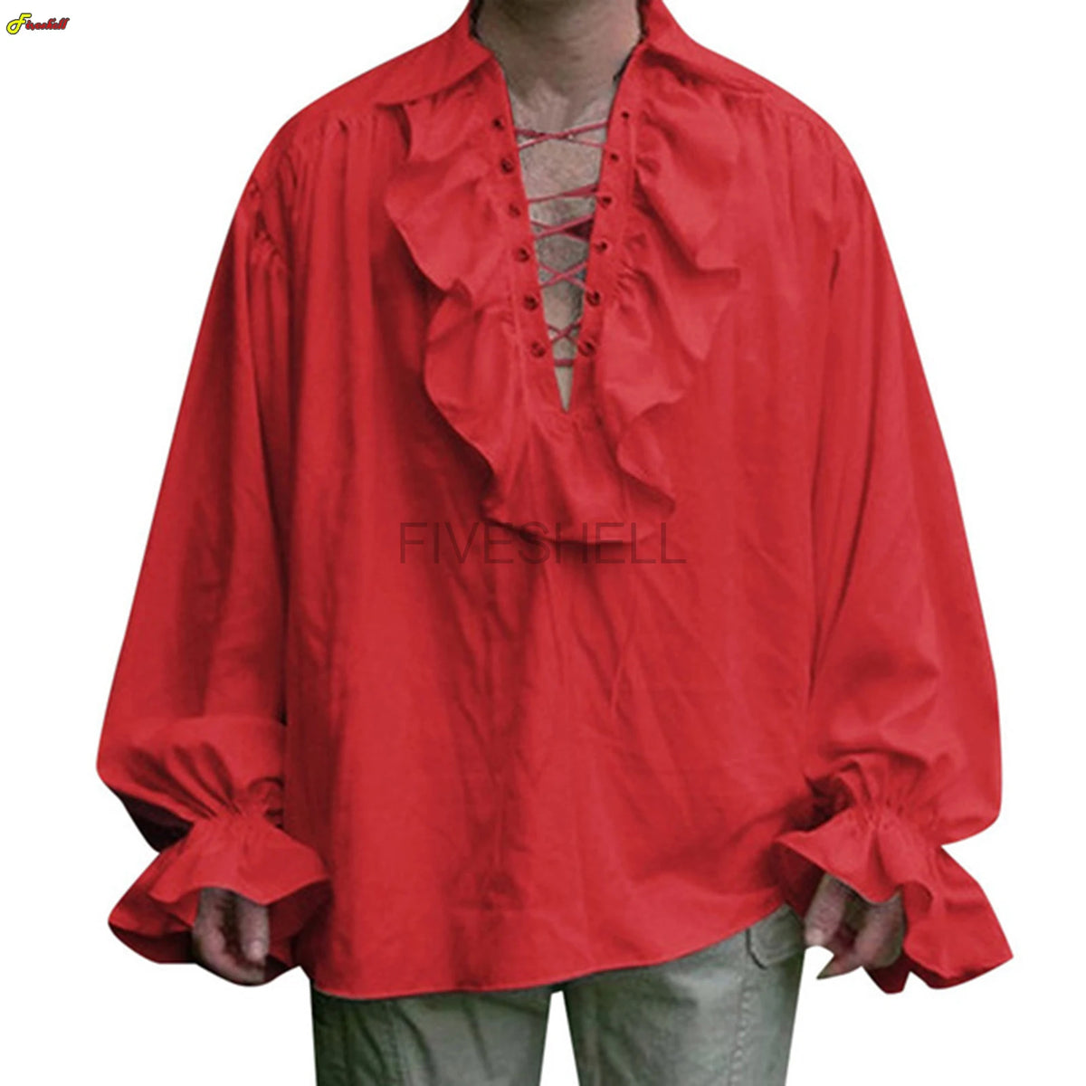 Medieval Mens Renaissance Costume Ruffled Shirts Long Sleeve Lace Up Steampunk Pirate Shirt Cosplay  Stage Costume for Women