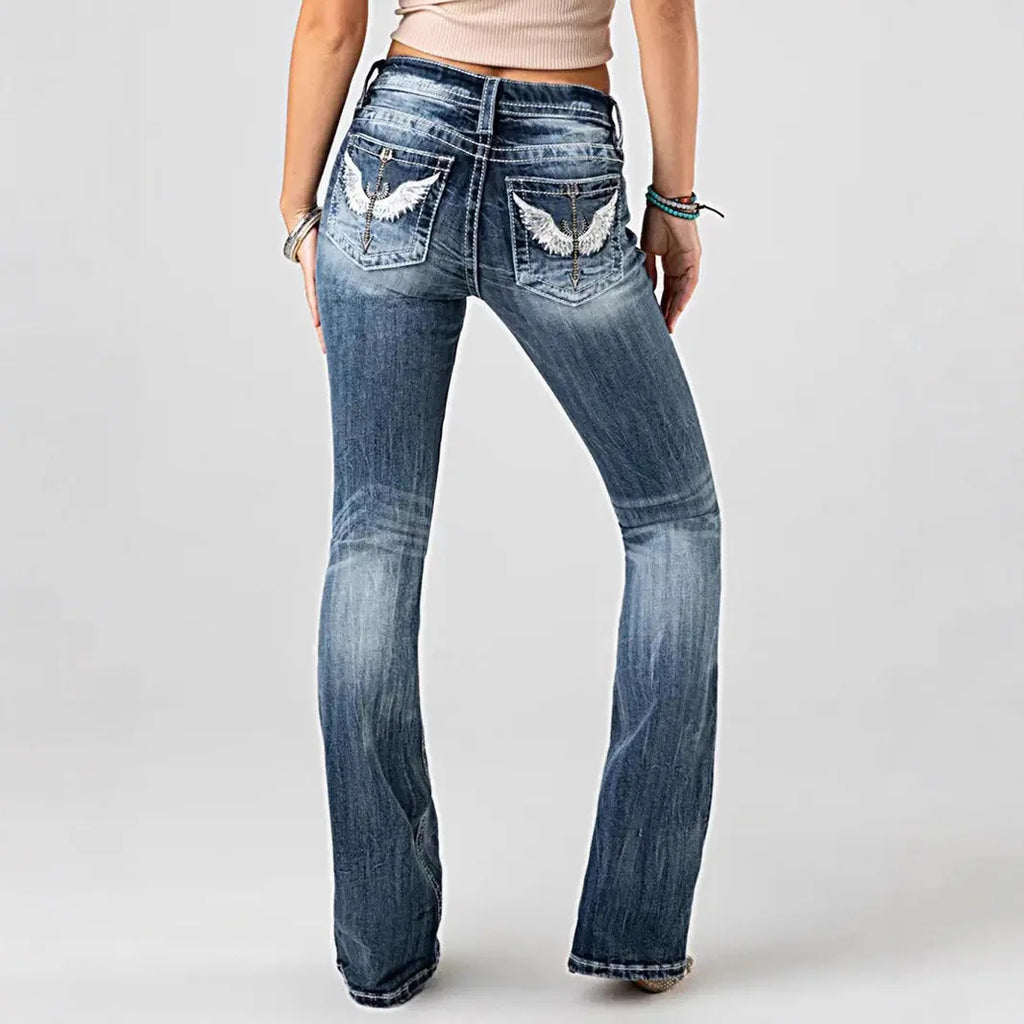 Women Embroidery Pockets Distressed Jeans Mid Waist Stretch Slim Fit Pants Vintage Denim Trousers Autumn Female Streetwear