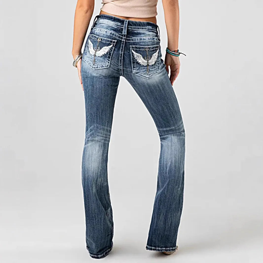 Women Embroidery Pockets Distressed Jeans Mid Waist Stretch Slim Fit Pants Vintage Denim Trousers Autumn Female Streetwear