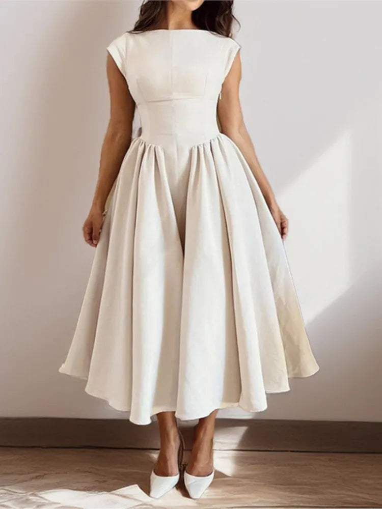 Summer French Fashionable Women's Temperament Solid Color High Waist Sleeveless Back Hollow Dress for Slimming