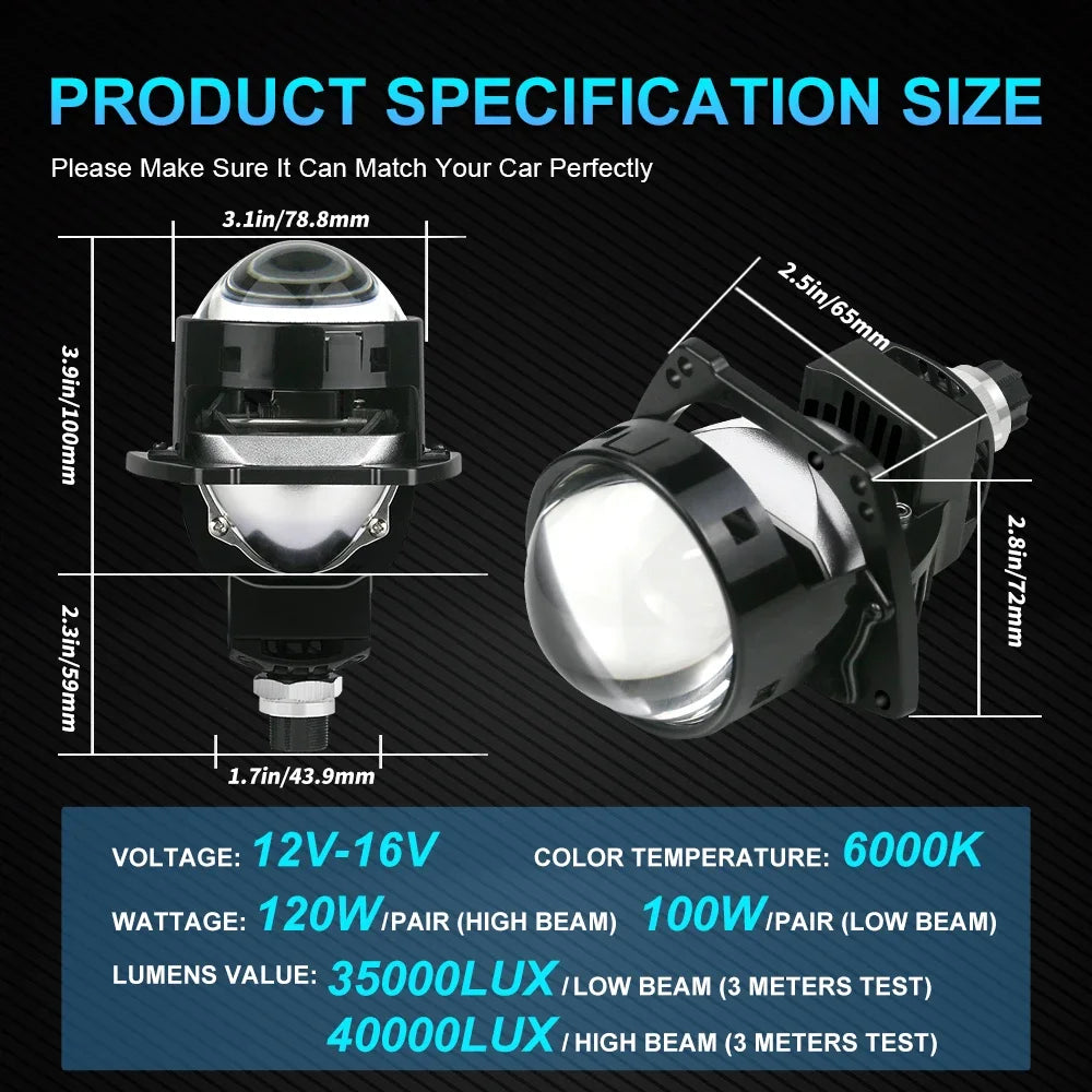 2Pcs 3.0 Inch Bi Led Projector Lenses Car Headlight 40000LM H4 H7 9005 9006 High Low Lights Universal Car Headlamp 6000K 12V