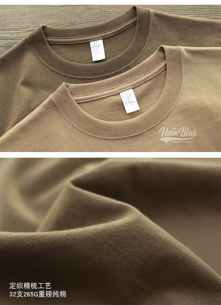 Have Blue Pure Cotton Base Shirt Solid Color T-Shirt American Retro Round Neck Short Sleeve Heavyweight T-Shirt for Men