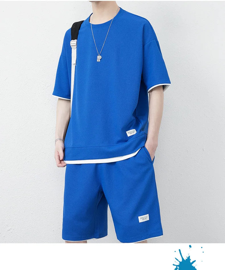 Summer Solid Waffle Tracksuits 2026 Men's Short Sleeve Shorts Casual Two Piece Sets Loose Breathable Men Clothes Joggers Outfits