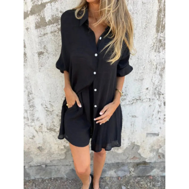 2026 Women's Casual Solid Color Cotton and Linen Shorts Long Sleeve Wrinkle Shirt Two-piece Set