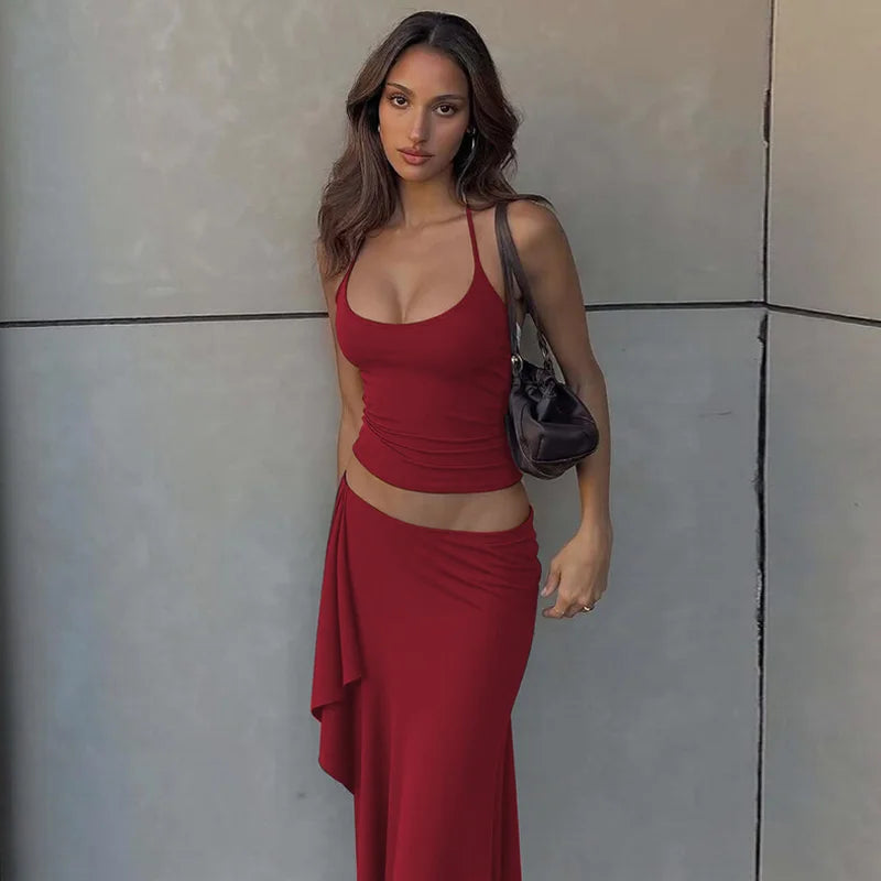 Hugcitar Fashion 2 Pcs Sets Halter Solid Backless Lace Up Sexy Crop Tank Top Ruched Maxi Skirt Women Outfit Beach Vacation Sport