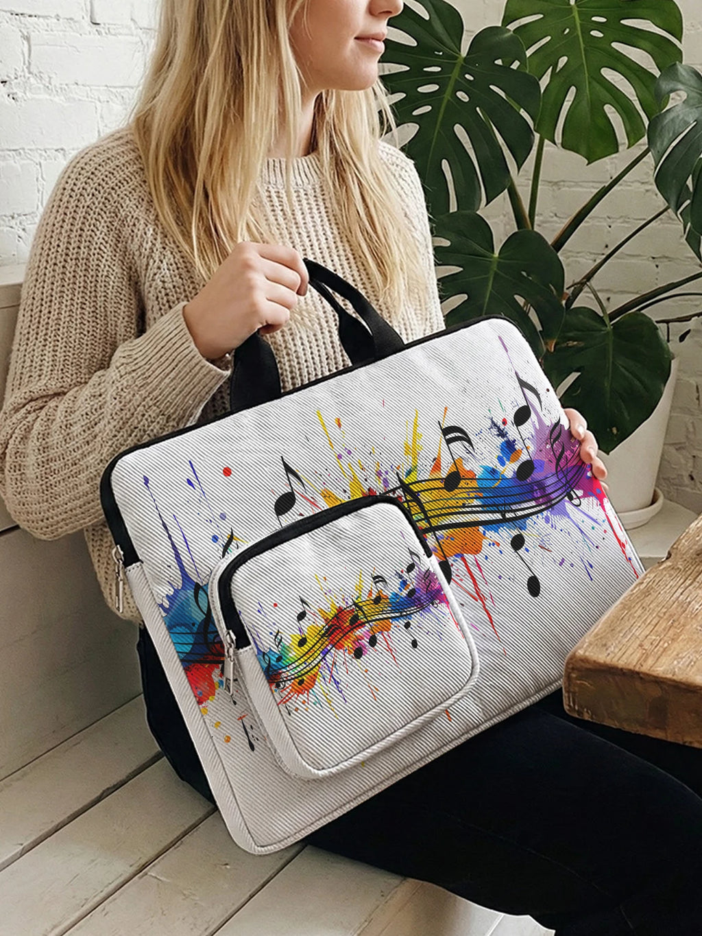Rainbow Splash Music Note Laptop Handbag With Extra Pocket Shockproof Notebook Case For 13-15.6 Inch Laptops