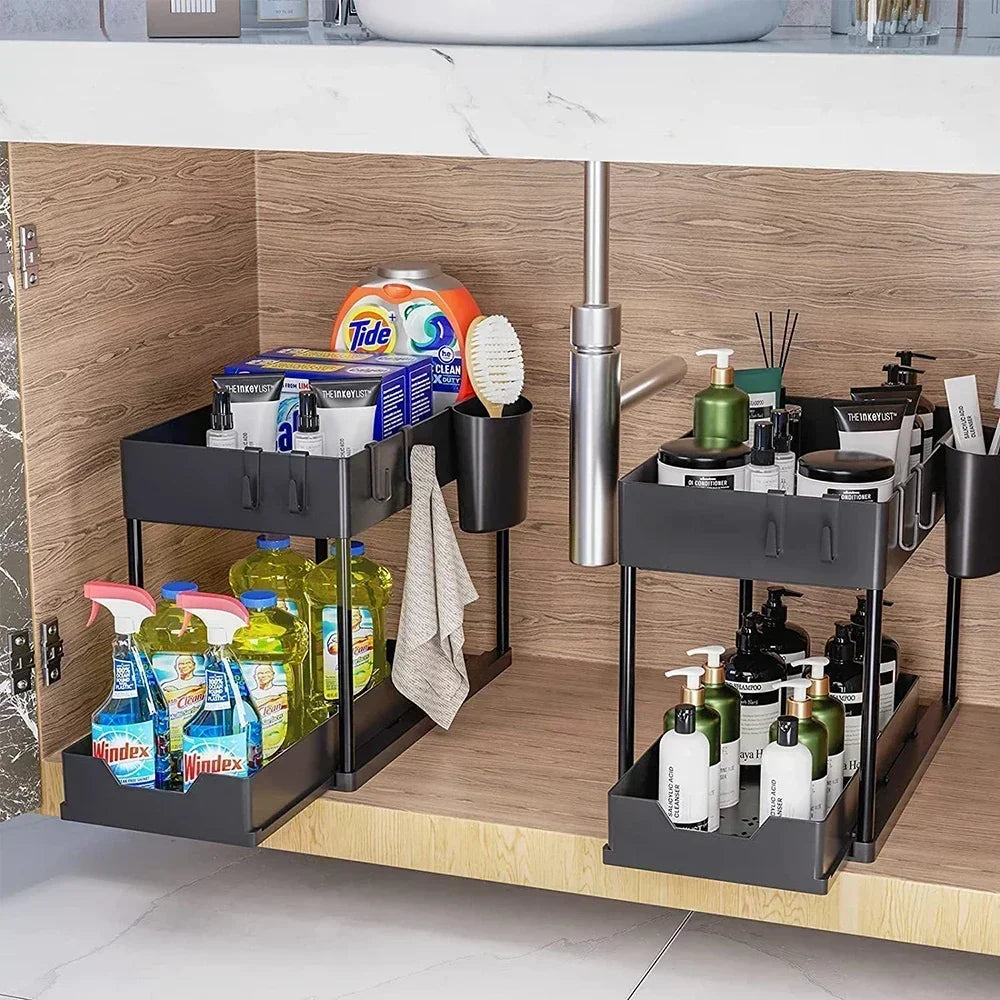 2-Tier Under Sink Organizers and Storage, Sliding L-shape Under Bathroom Kitchen Cabinet Organizers Narrow Space Sink Organizer