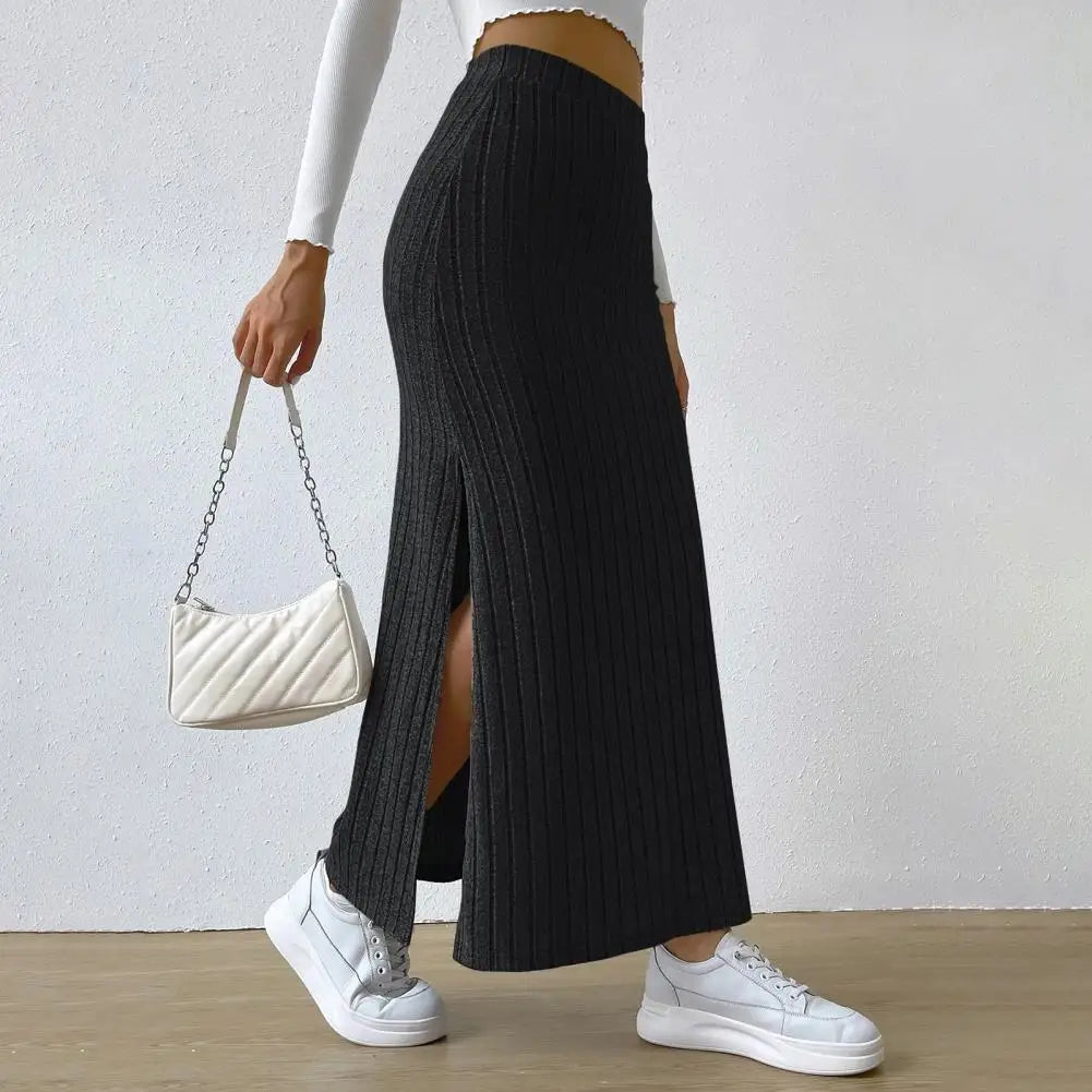 Women Maxi Ribbed Skirt High Waist Side Slit Knitting Skirt Solid Color Long Skirt Streetwear Women Outdoor Wear Skirts