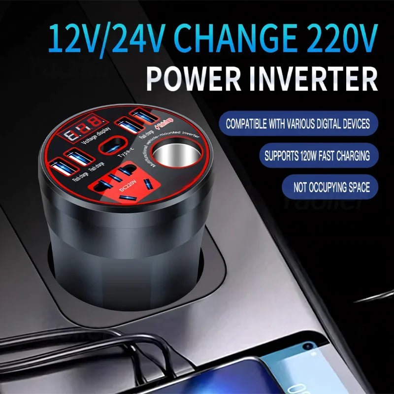 Car Power Inverter 12V / 24V to 220V Multi-Functional Power Converter LED Display Multi-Functional Car Socket Fast Charger