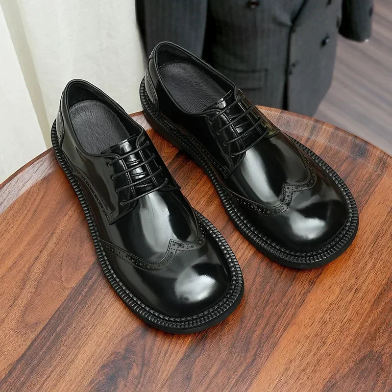 Retro Mens Dress Brogues Shoes Luxury Genuine Leather Round Toe Handmade Fashion Flat Autumn Black Wedding Social Shoes Man 2025