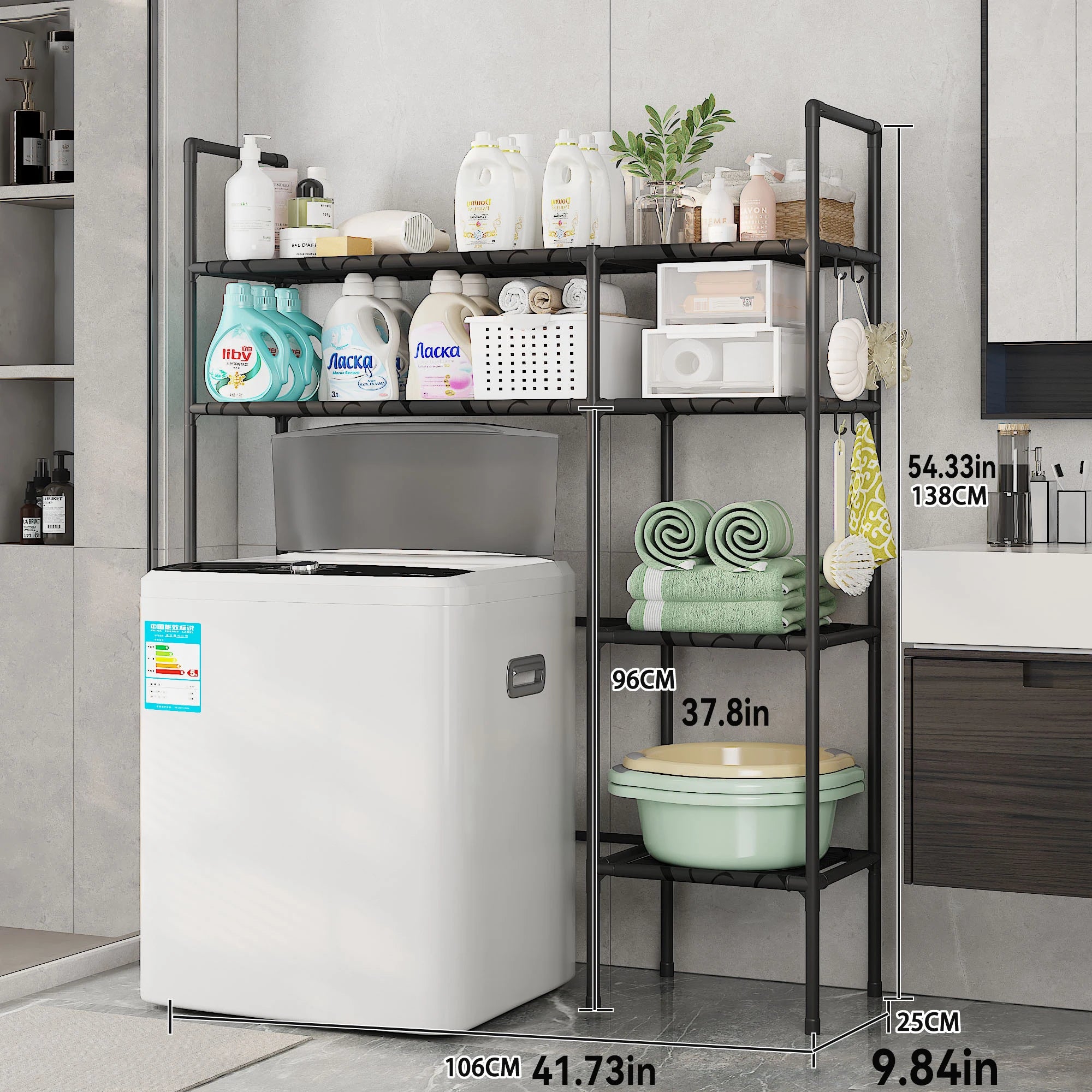 Black/White Iron + Non-Woven Fabric Heavy-Duty 3-Layer Laundry Storage Rack Vertical Multi-Layer Storage Washing Machine Dryer Can Be Placed in Bathroom Laundry Room Storage Space-Saving