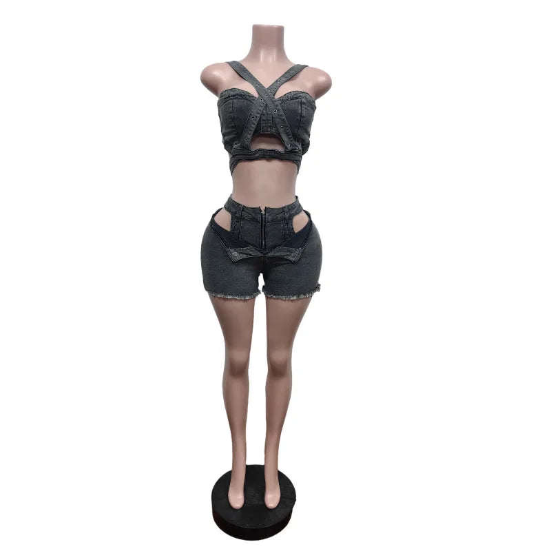2 Piece Sets Women Denim Shorts Suit Sexy Vest Top Strap Backless Jeans Short Pants Pockets Outfits 2025 Streetwear Ensemble