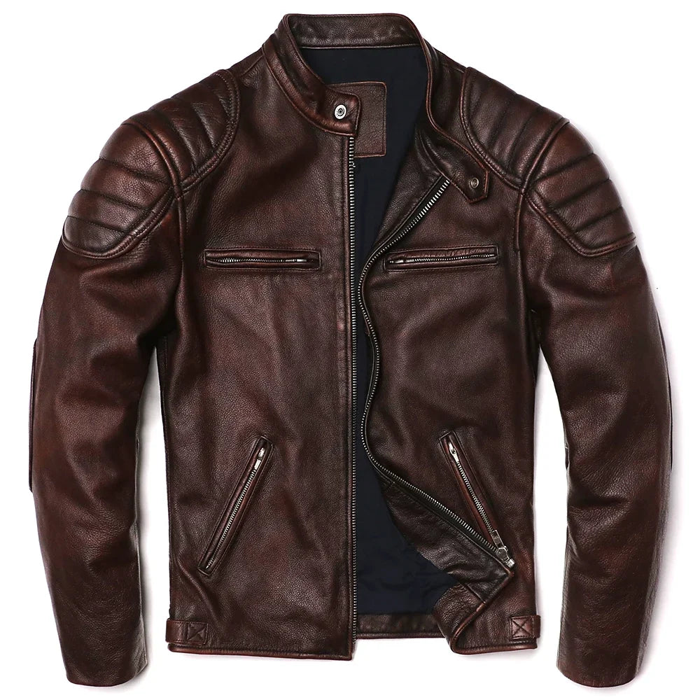 2025 Vintage Brown Genuine Leather Jacket Real Natural Cowhide Men Motorcycle Biker Coat Mens Slim Calf Skin Coat