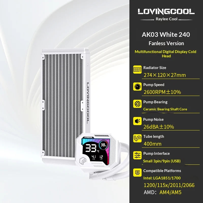 LOVINGCOOL AK liquid cooler 240mm 360mm broken code screen dynamic digital display ARGB PWM Abyss Mirror integrated water cooled