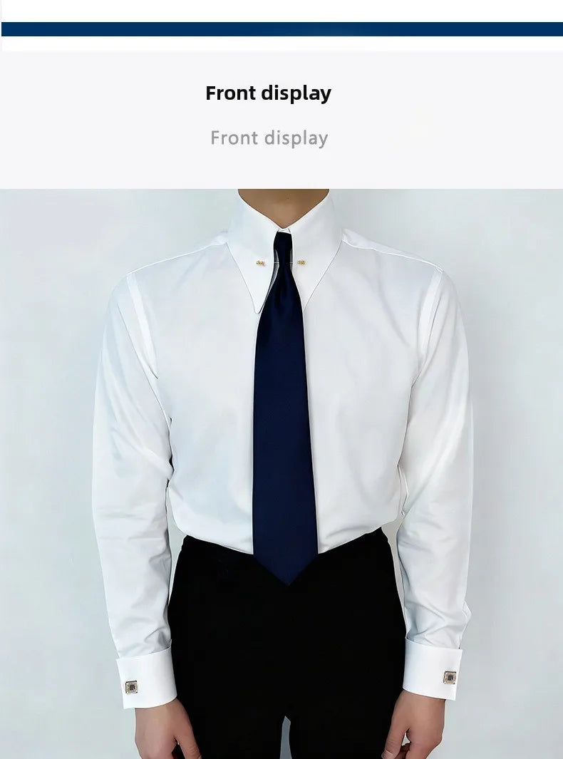 Embroidered French Cufflinks Men's Long-Sleeve Shirt with Collar Pins No tie Big Collar Dress Shirt for Business Formal Gentlema
