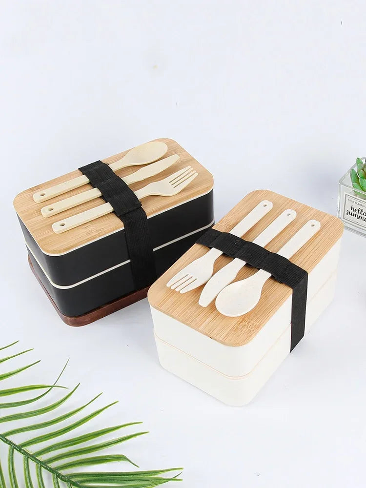 1200ML Divided Lunch Box Picnic Microwave Wooden Cover Japanese Bento Box Portable Double Layer Food Container for Kids