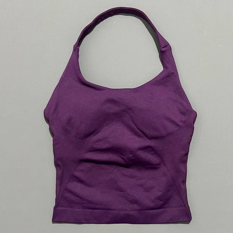 HISTELLO Sports Halter Top Seamless Longline Strappy Gym Tank Top Women Yoga Clothing Workout Fitness Sportswear Pilates Vest