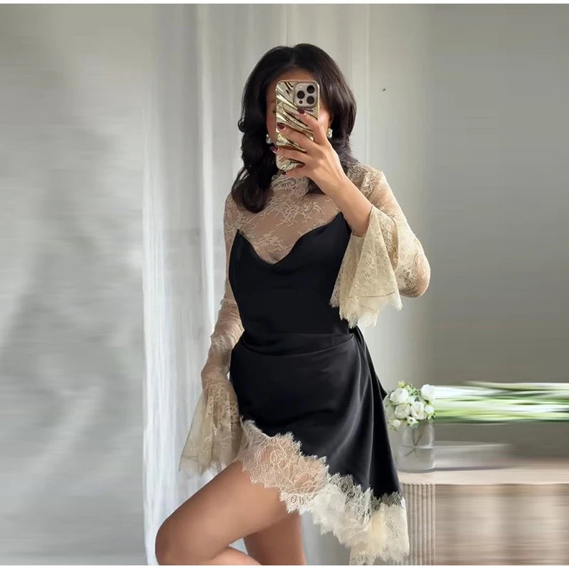 Sexy Color Block Bodycon Dress Women's Lace Insert Full Sleeve Y2K Mini Dresses 2025 Autumn Lady New Elegant Party Clubwear