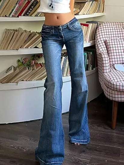 Women Washed Jeans Flare Pants Denim Mid Waist Slim Fit Pockets Button Solid Vintage Full Length Casual Denims Trousers