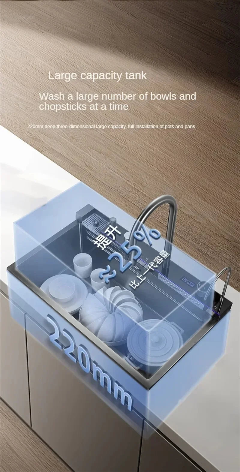 304 Stainless Steel Kitchen Sinks Large Single Bowl Nano Embossed Wash Basin Digital Display Modern Home Station
