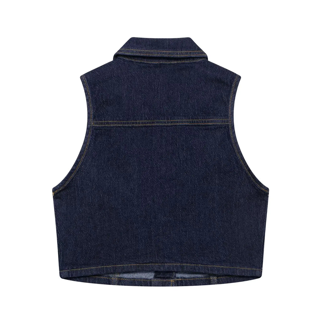 HH Women Turn-down Collar Single-breasted Sleeveless Denim Vest Top+High Waist Pocket Zipper Belt Flared Jeans 2 Piece Set