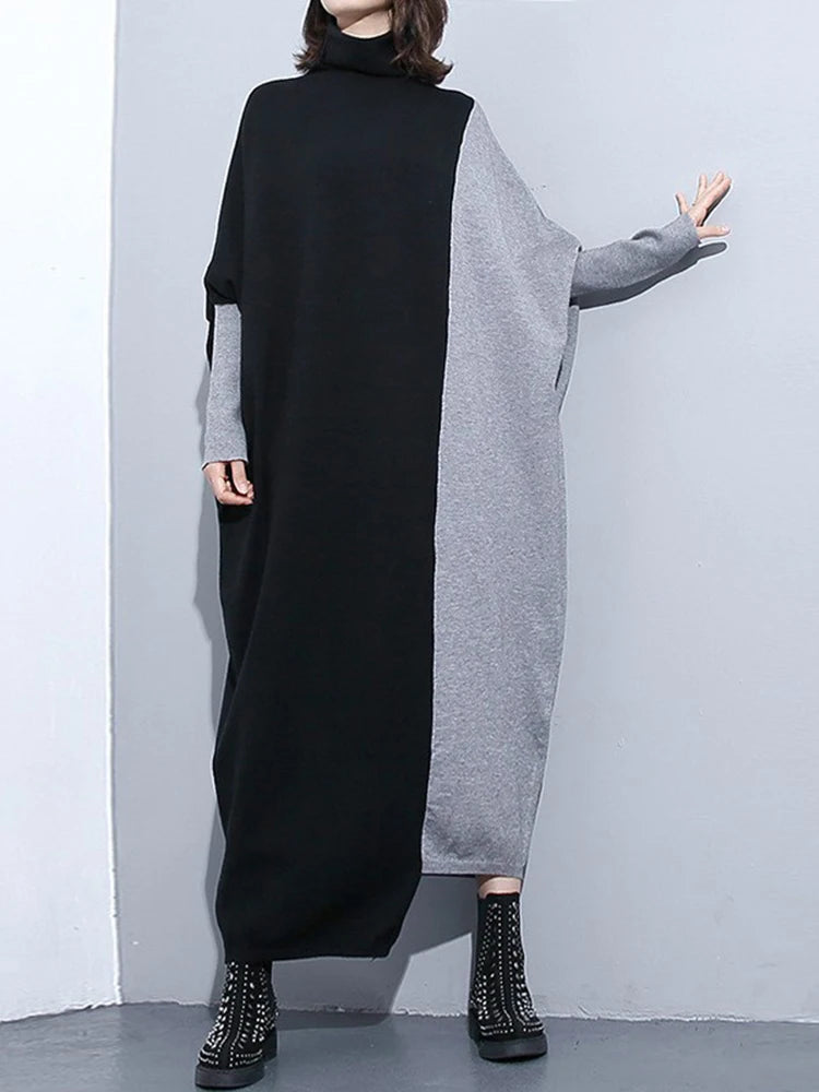 [EAM] Women Coffee Color-block Big Size Long Sweater Dress New Turtleneck Long Sleeve Fashion Tide Spring Autumn 2026 1DJ2393