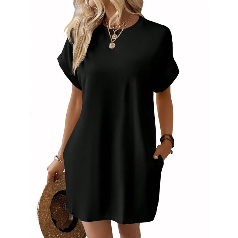 New women's spring and summer fashionable temperament casual commuting solid color round neck loose short sleeved pocket dress