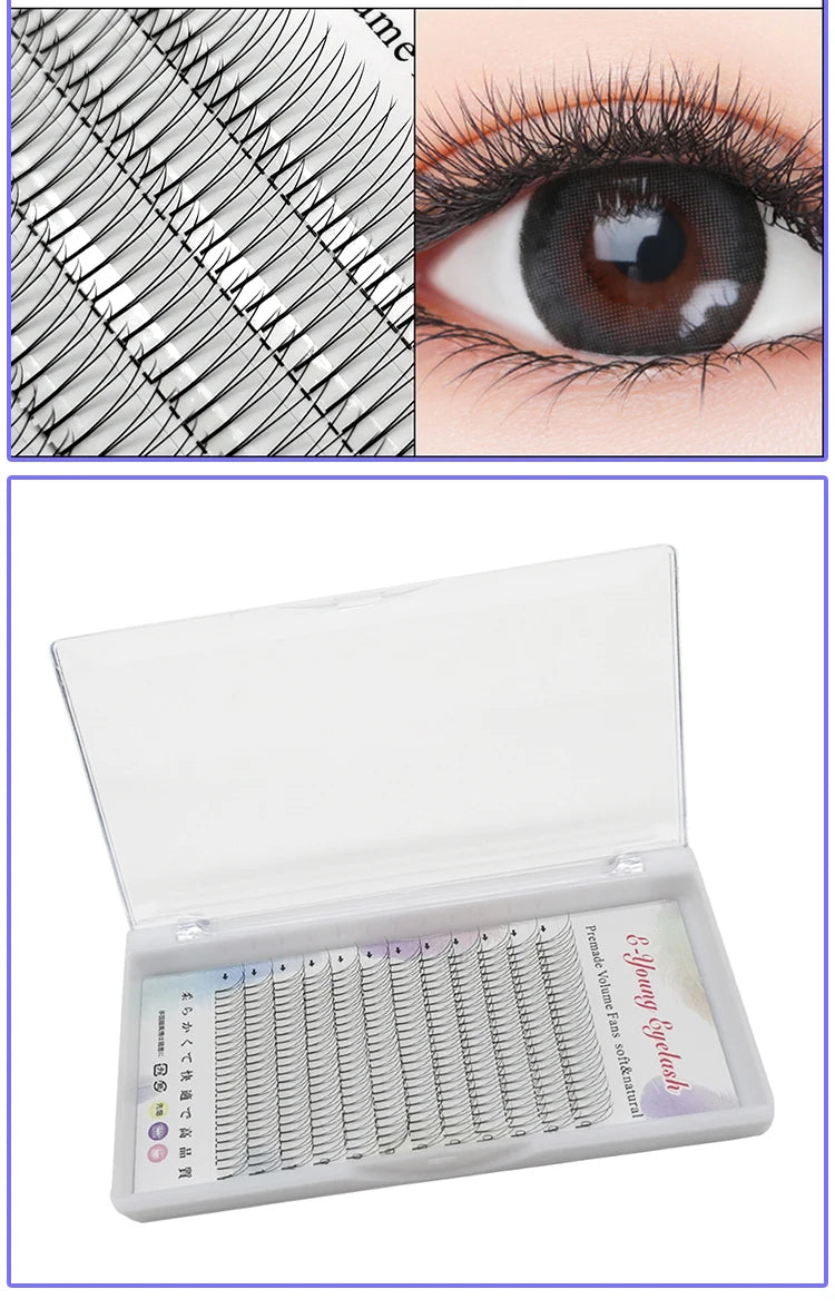 E-young 2d Premade Lashes Volume Fans Short Stem C/D Curl 0.1mm Natural False Eyelashes Extensions Premade Fans Wholesale Makeup