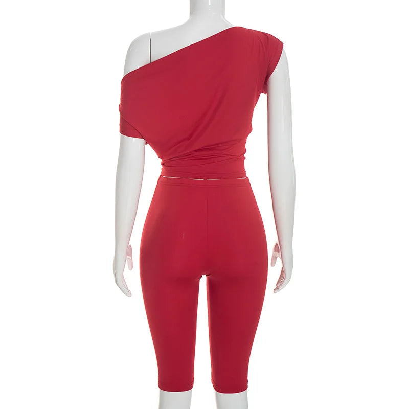 One Shoulder Solid 2 Piece Set Women Summer Short Sleeve Crop Top Shirt Pant Matching Sets Beach Vacation Outfit Streetwear Gift