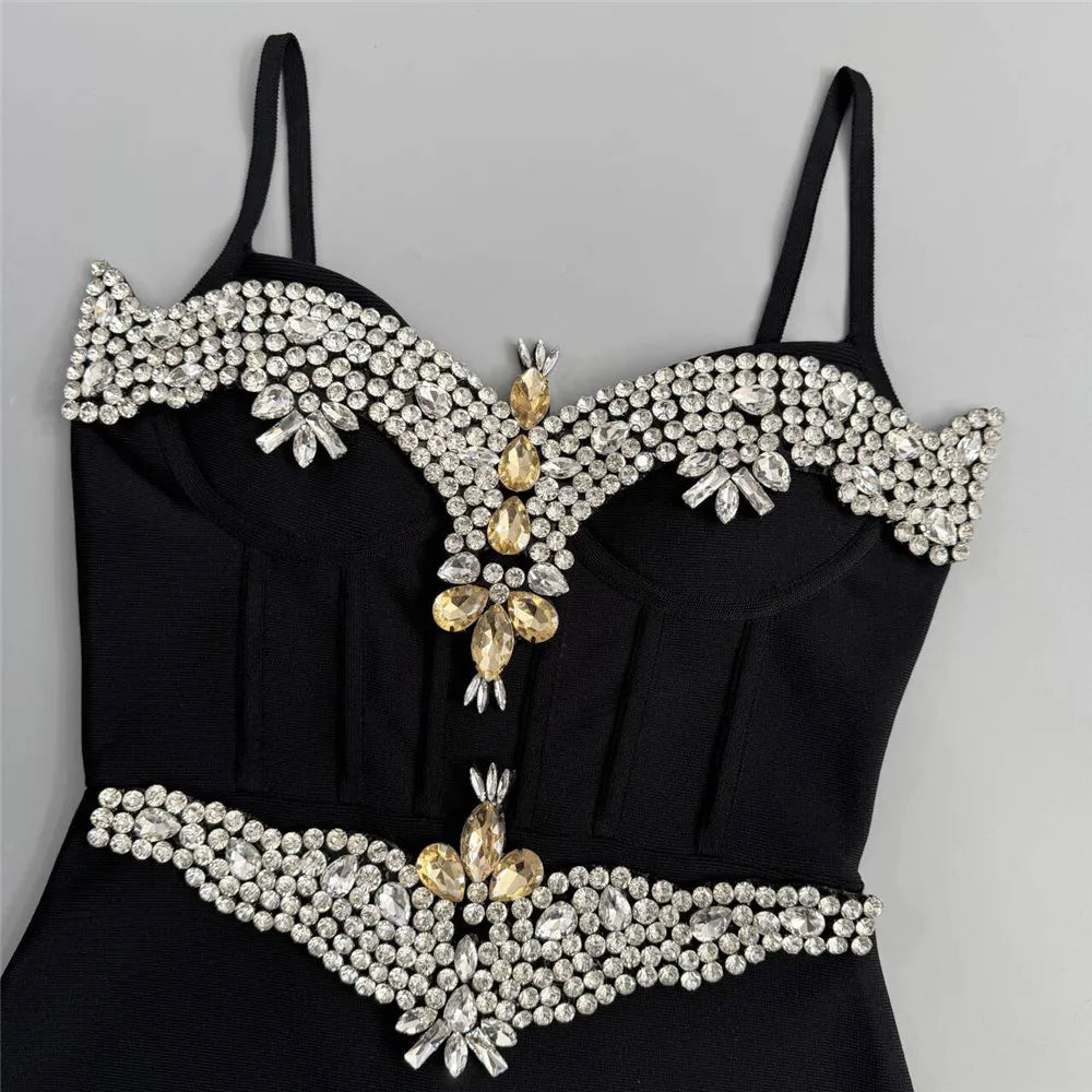 2025 Summer New Women Bandage Dress Sexy Spaghetti Strap Beading Clothes Club Party Maxi Dresses