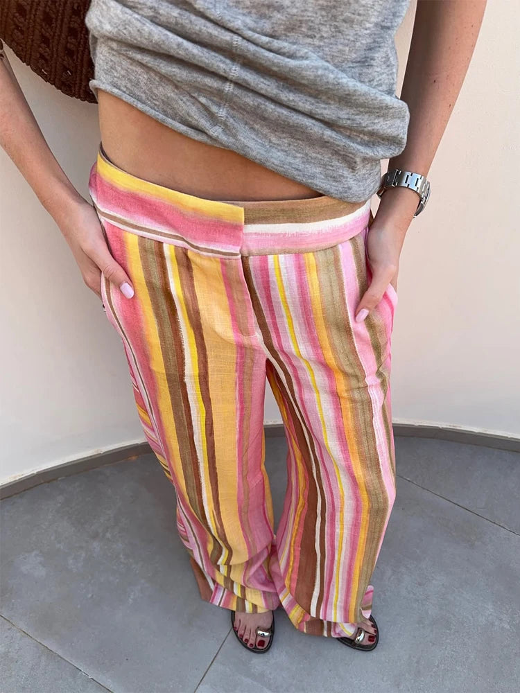 Women‘s Colorful Striped Pant New Summer Straight Multicolor Wide Leg Long Pants Casual Fashion Streetwear Female Outfit 2026