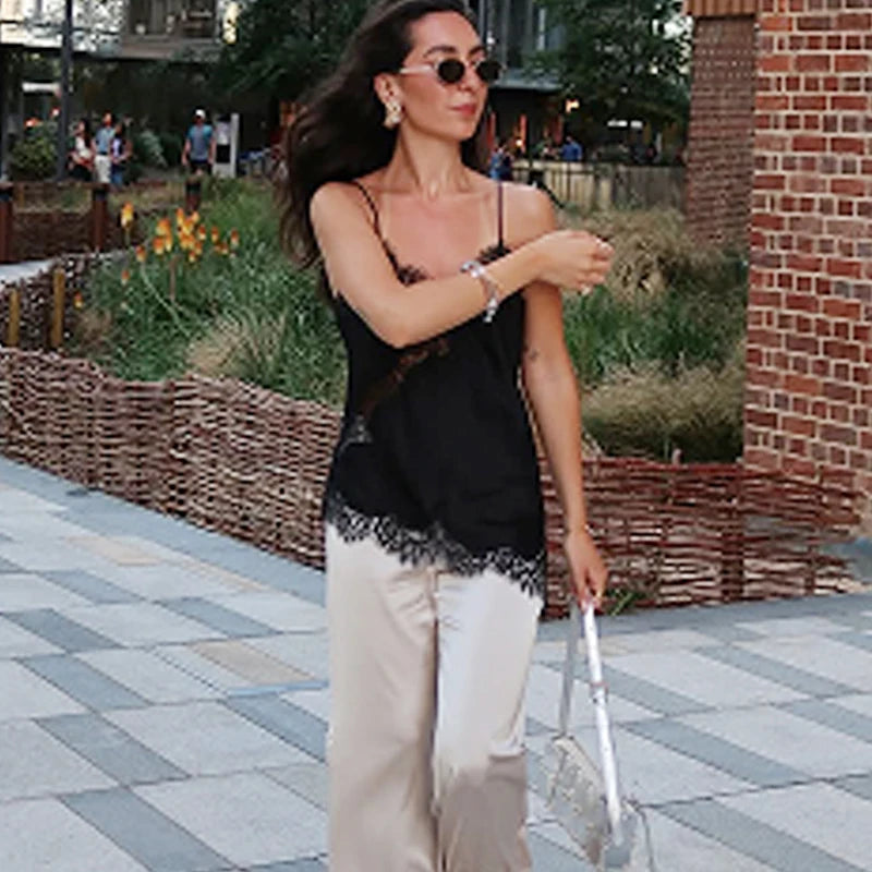 HXAO Asymmetrical Slip Top Women Summer 2025 Y2K Tanks & Camis Lace Black Off Shoulder Top Elegant Sleeveless Backless Camisole