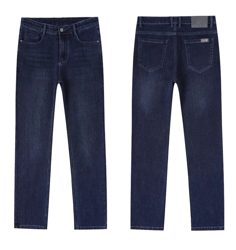 Classic Straight Men's Jeans Spring Slightly Thick Elastic Casual Office Business Trousers Fashion Comfort Washed Denim Pants
