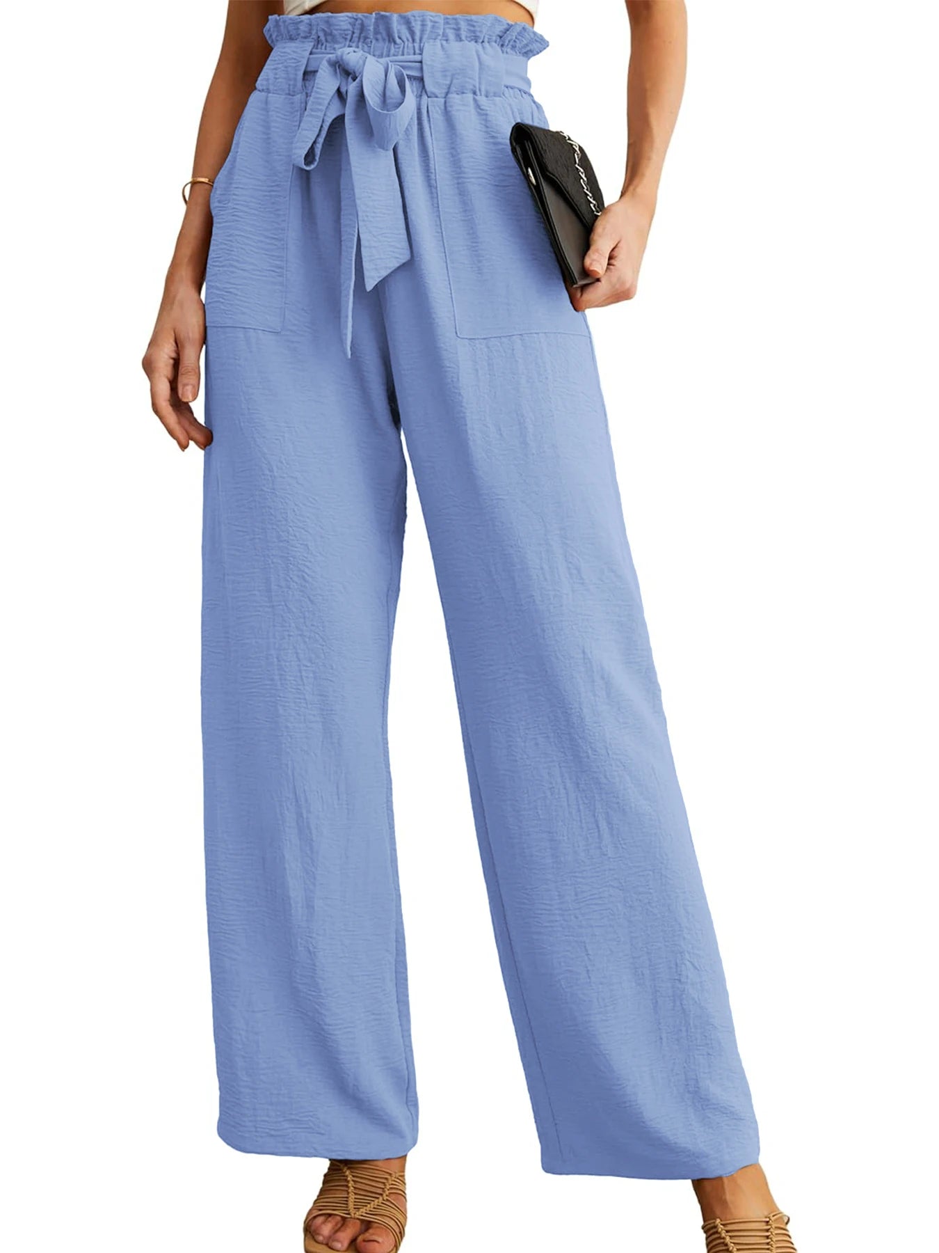 Women's High Waist Wide Leg Casual Pants with Pockets Adjustable Drawstring Loose Slimming Comfortable for Vacation