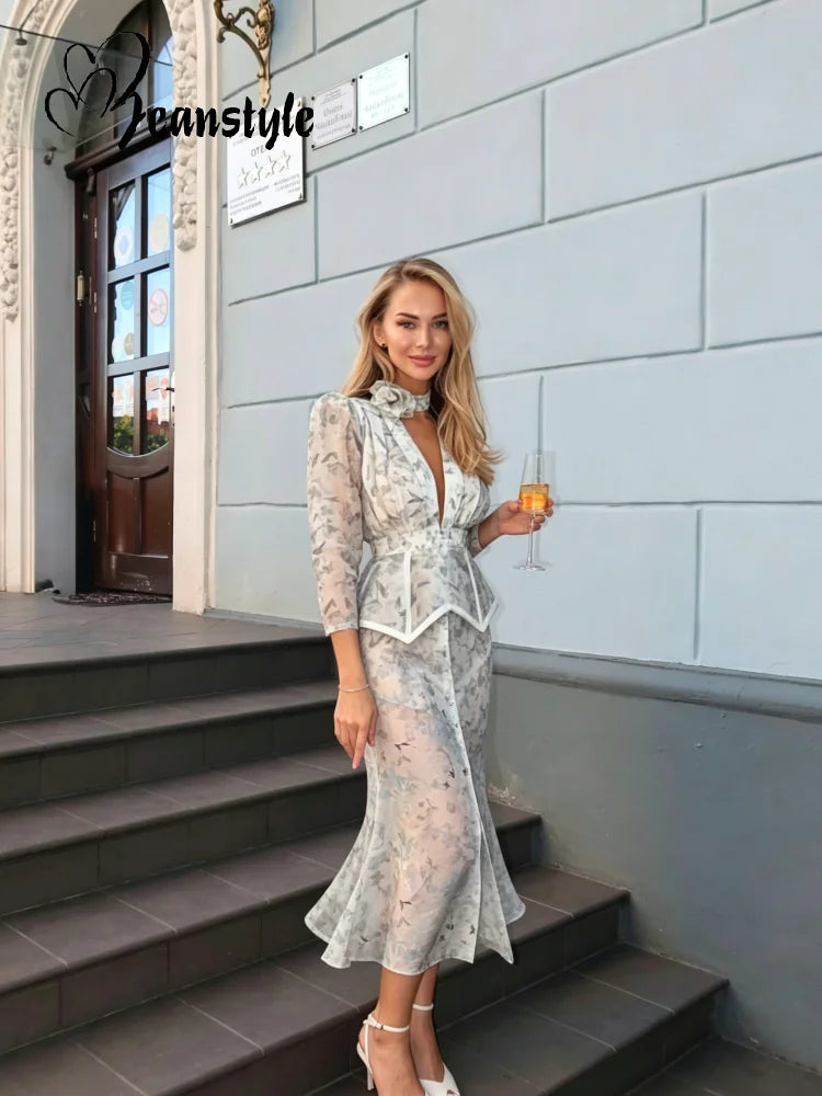Elegant Printed Women's Dress V-neck Front Split Waist-closed Sashes Wrist Sleeve Gauze Dresses 2026 Summer Chic Female Robe