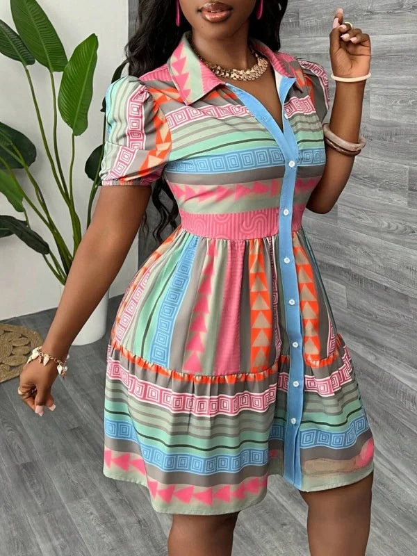 Fashionable Ethnic Print Stand Collar 3/4 Sleeve Dress Women's Cleanfit Loose Waist Polyester Cotton Blend Bell Sleeve Dress