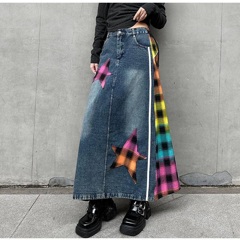 High Fashion Denim Skirt Women Elastic High Waist A-Line Long Skirt Female Colorful Patchwork Plaid Jean Skirt