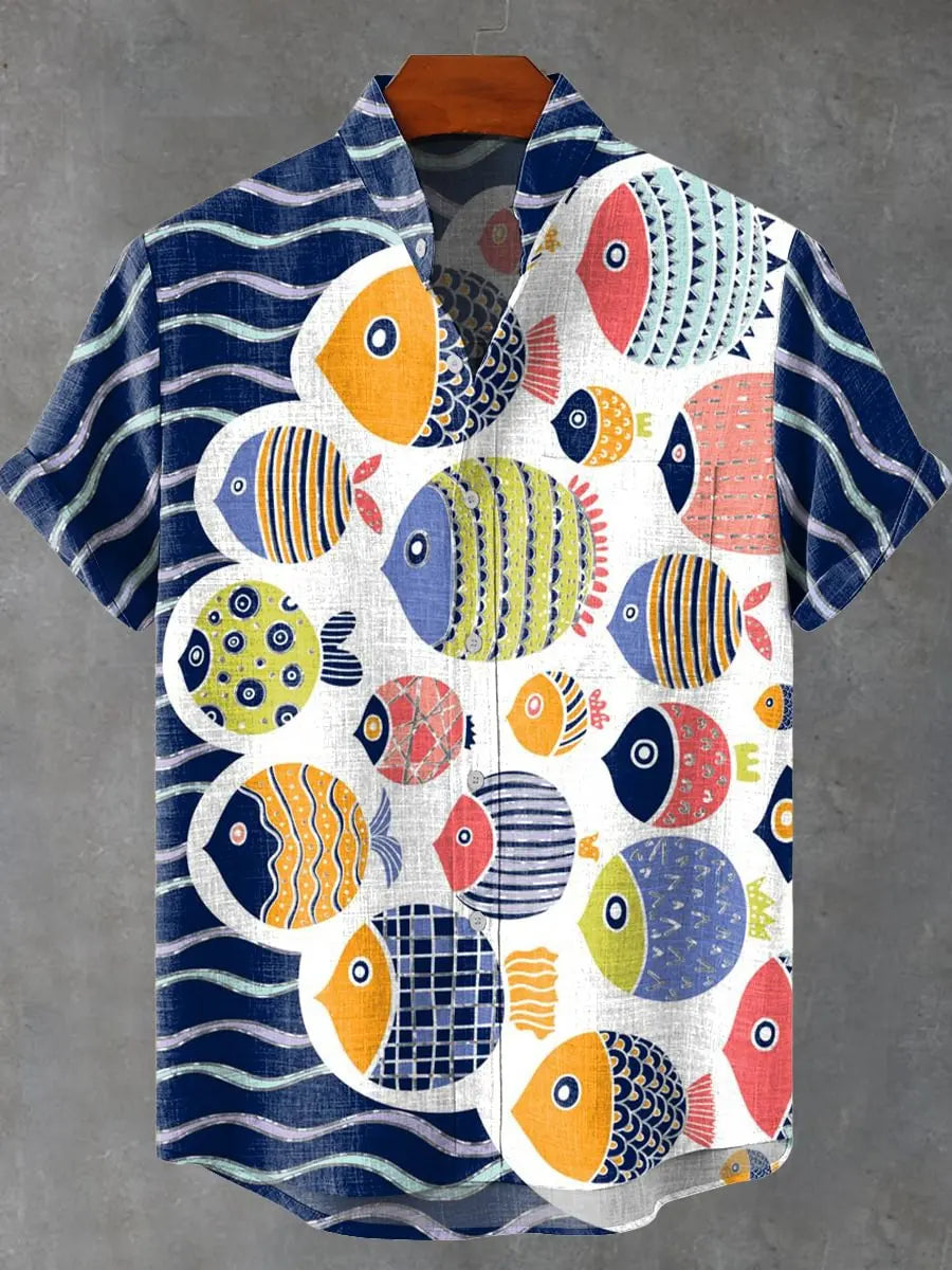 Men's new summer beach casual fish pattern short sleeved shirt fishing enthusiast clothing linen button up shirt