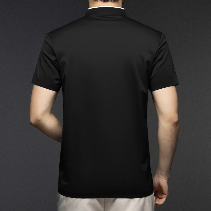 2025 New Men's Casual Fashion Zipper Solid Color Short Sleeved Polo Shirt Stand Up Collar Versatile Comfortable Top