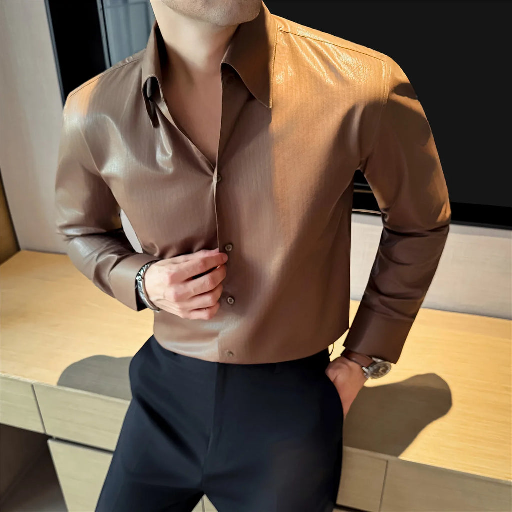 Men's 2026 Spring Luxury Lyocell Cotton Shirt, Leather-Like Texture Jacquard V-Neck, Long Sleeve Business Casual Top