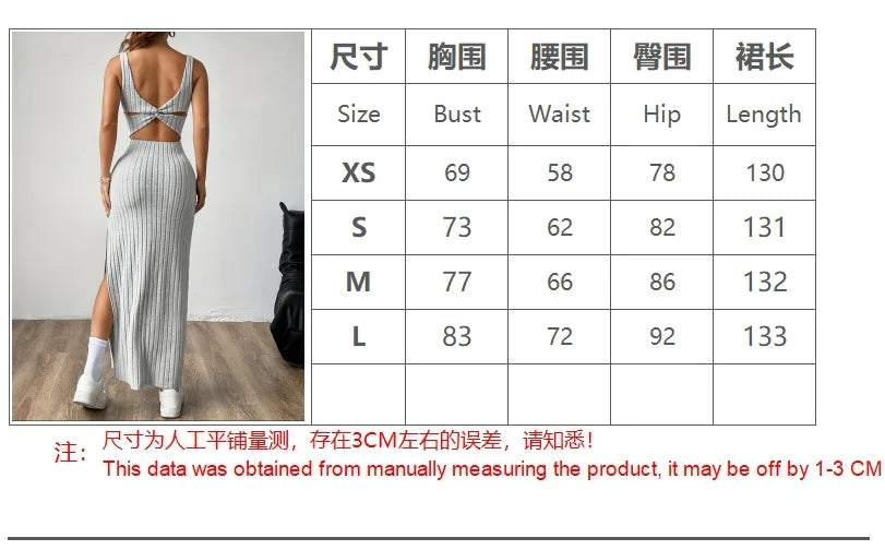 Y2K Street Style Sleeveless Square Neck Ribbed Maxi Dress Thin Strap High Side Slit Bodycon Long Skirt