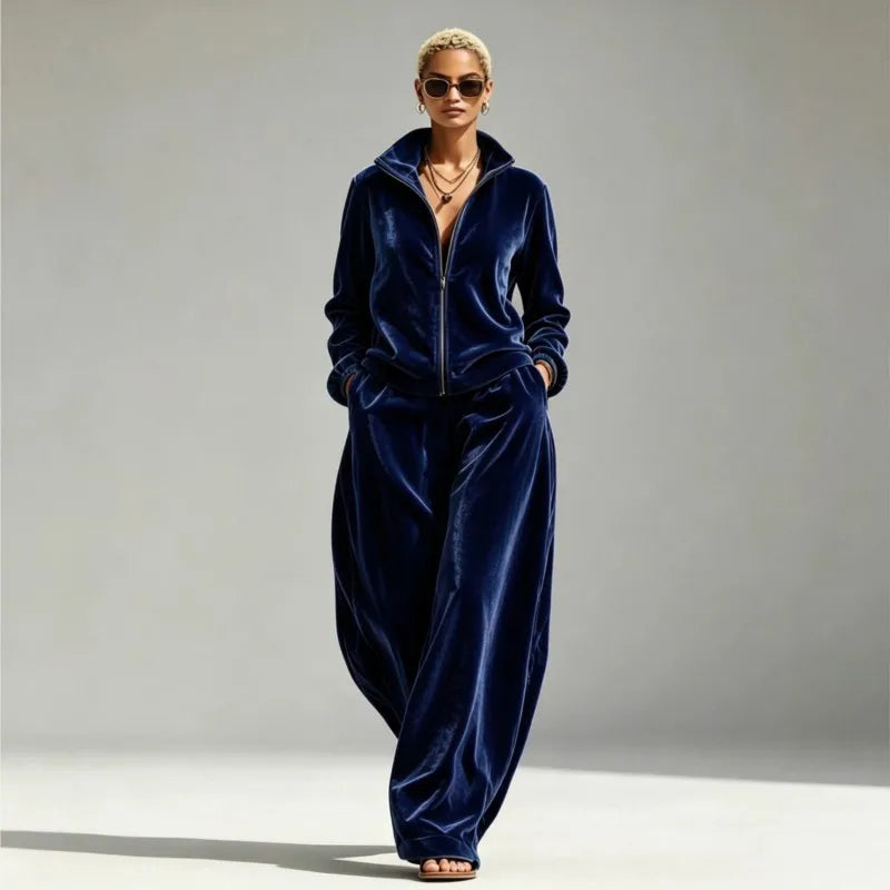 Autumn Winter Warm Gold Velvet Two Piece Set Women's Fashion Solid Zipper Open Coat With Wide Leg Pants Set Ladies Office Outfit