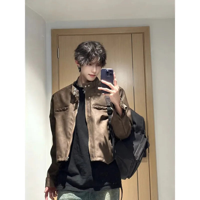 Men's Pu Leather Jacket Autumn Maillard Style Shoulder Pad Jacket Cool Retro Brown Moto Short PU Leather A2 Flight Jacket