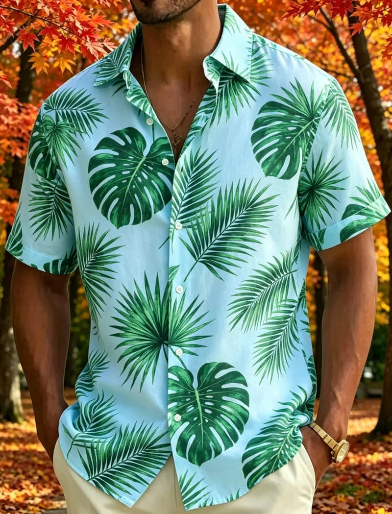 Men's Leaf Print Tropical Short Sleeved shirt, Suitable For Summer wear, Casual activities, And Versatile Natural Style