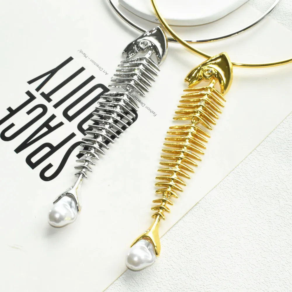 Novelty Design Alloy Big Fish Bone Pendant Choker Necklace For Women Fashion Jewelry Exaggerated Brand Show Statement Necklace