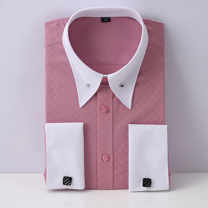 Embroidered French Cufflinks Men's Long-Sleeve Shirt with Collar Pins No tie Big Collar Dress Shirt for Business Formal Gentlema