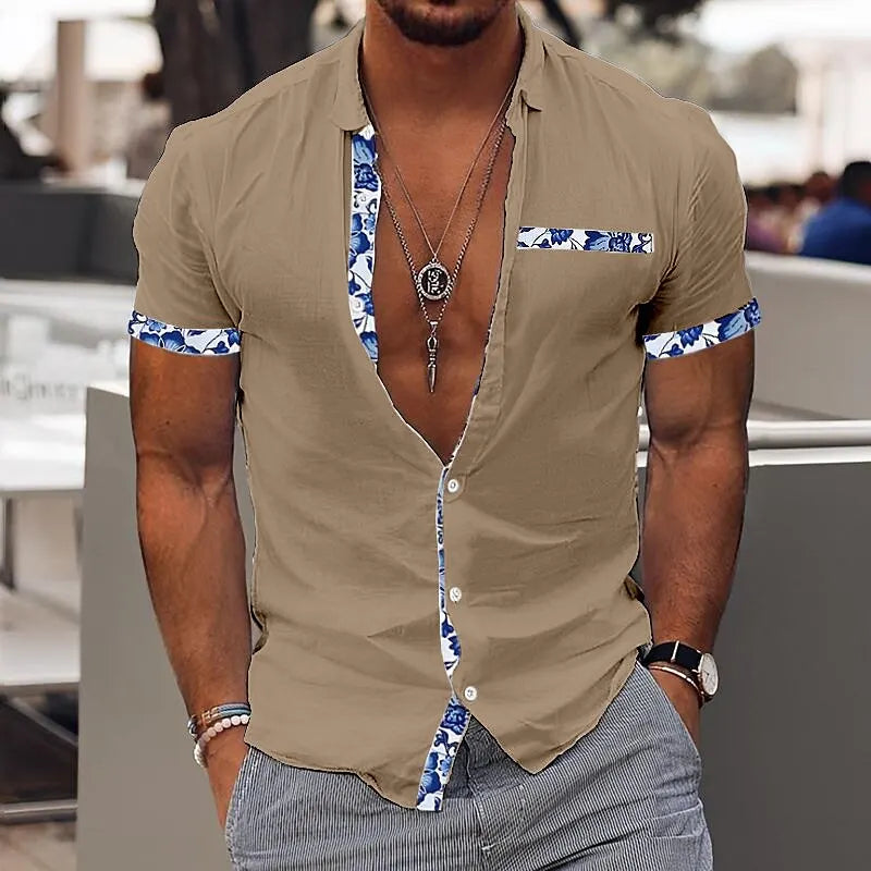 Fashionable Men's Hawaiian Shirt Men's Casual Solid Color Printed Beach Pocket Shirt Short Sleeve Large Size 5XL New Style Multi