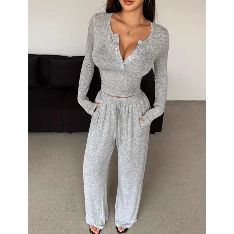 Spring Autumn Women Two-piece Suit Casual Slim Long Sleeve Tracksuit Suit Button Solid Tights And Trousers 2-piece Set Clothing